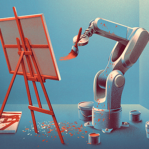 A robotic arm paints on a canvas set on an easel, surrounded by paint buckets and abstract artworks in a minimal, blue-toned room. Splashes of paint scatter on the floor, blending mechanical precision with artistic expression.