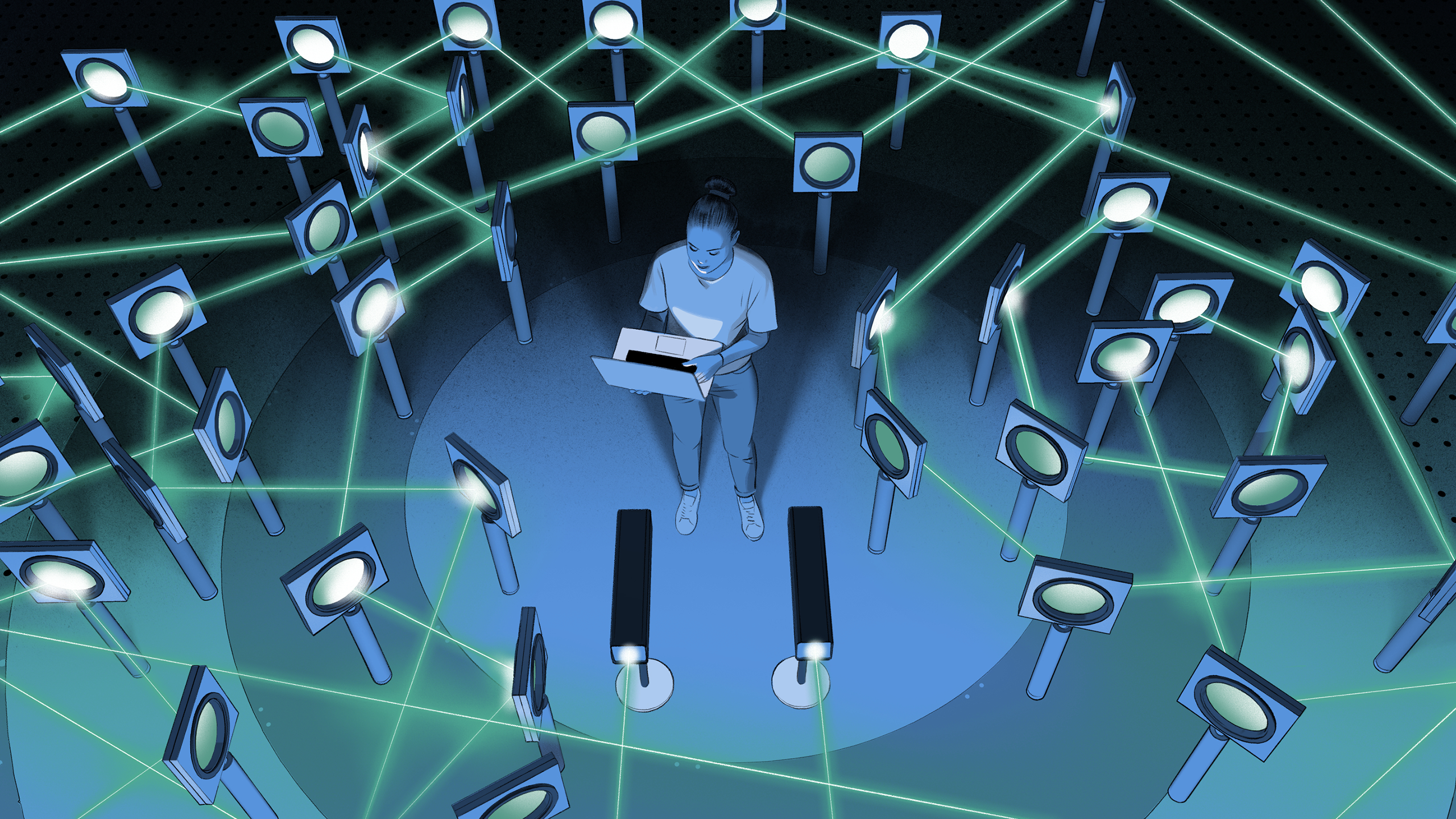 Illustration of a man holding a laptop while standing in the middle of a complicated optics experiment. Green laser beams fly around every which way.