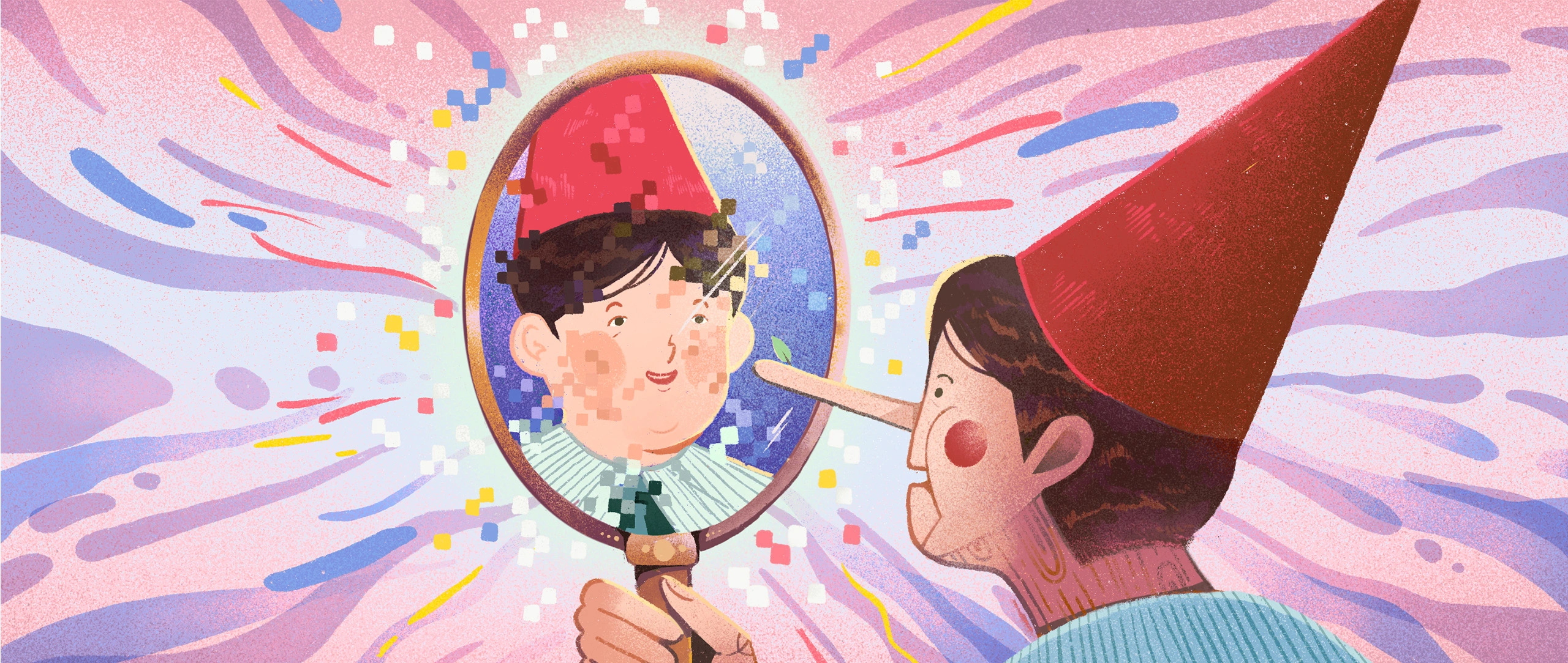 A figure of Pinocchio with a blue shirt, red hat, rosy cheeks and a long nose is looking in a mirror and sees a completely different person with a normal face and nose.