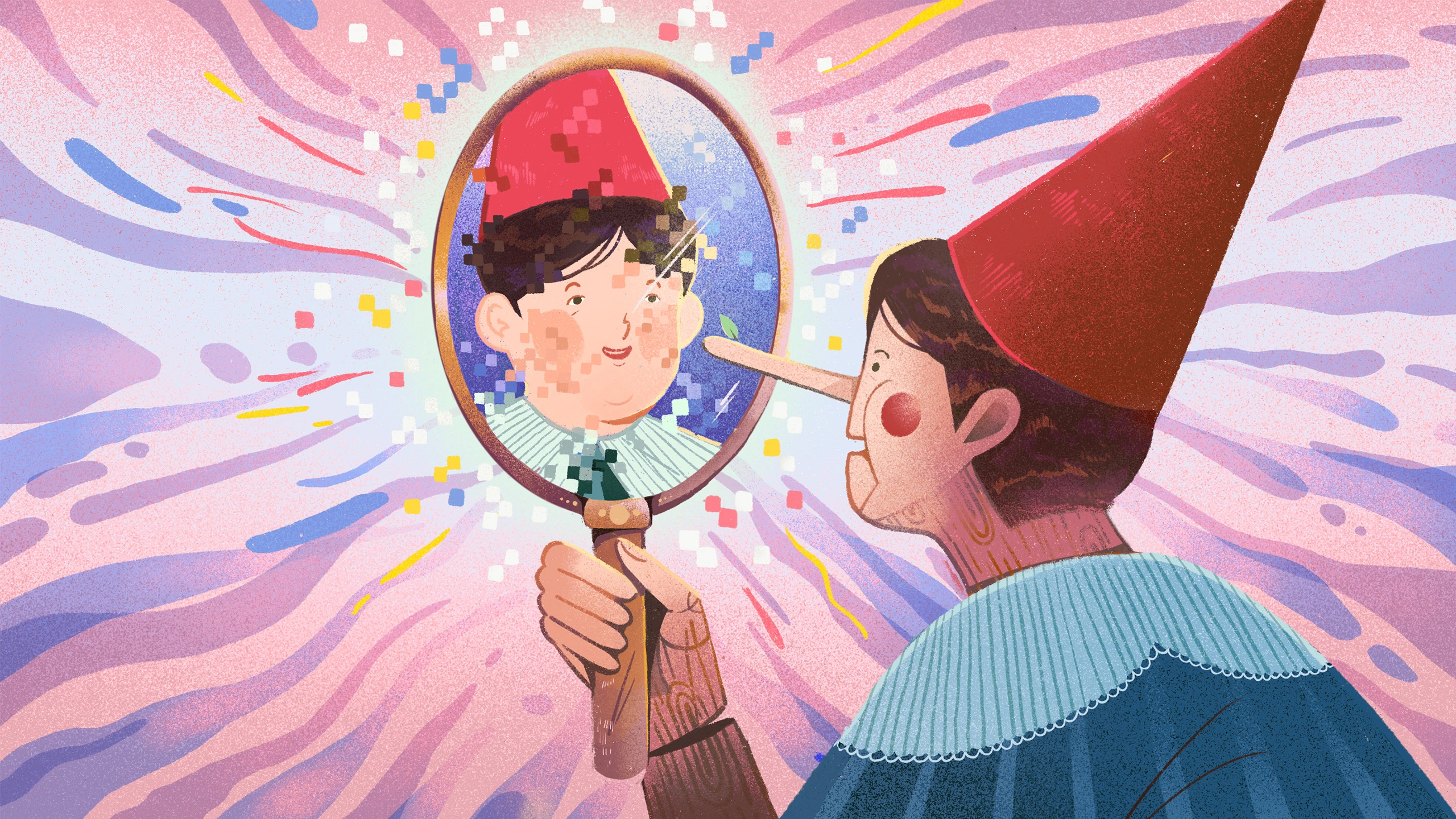 A figure of Pinocchio with a blue shirt, red hat, rosy cheeks and a long nose is looking in a mirror and sees a completely different person with a normal face and nose.