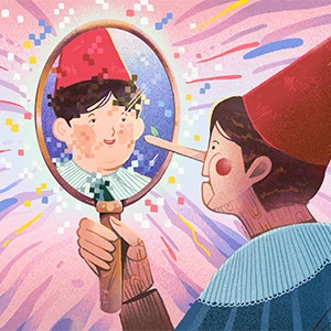 A figure of Pinocchio with a blue shirt, red hat, rosy cheeks and a long nose is looking in a mirror and sees a completely different person with a normal face and nose.