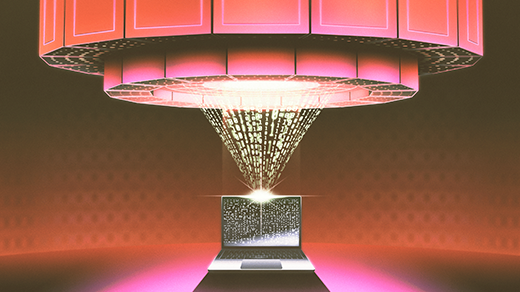Stylized digital artwork illustrating the concept of knowledge distillation in artificial intelligence. A big futuristic machine representing a large teacher model beams streams of binary code downward into an open laptop below, symbolizing a smaller student model receiving knowledge.