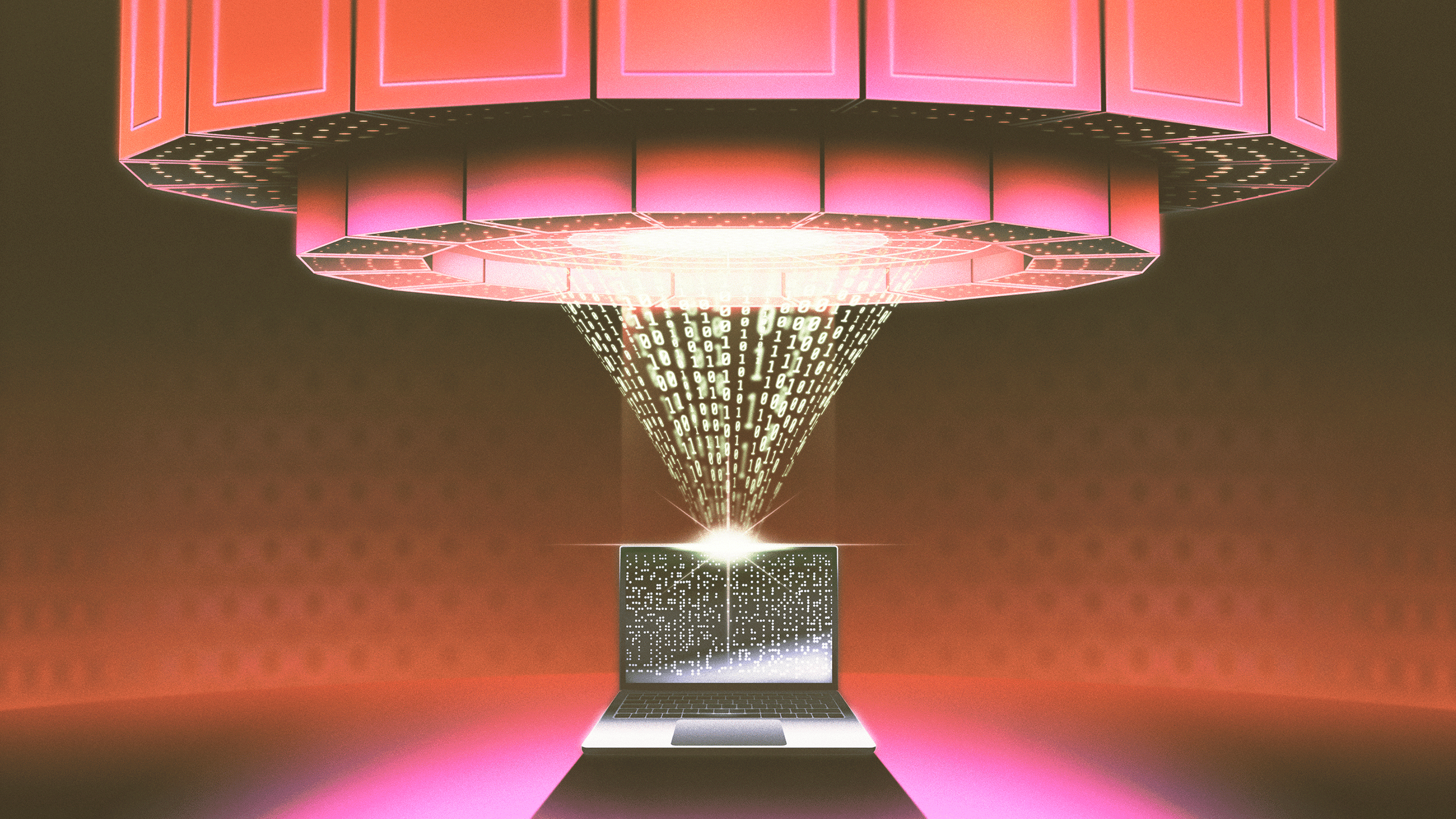 Stylized digital artwork illustrating the concept of knowledge distillation in artificial intelligence. A big futuristic machine representing a large teacher model beams streams of binary code downward into an open laptop below, symbolizing a smaller student model receiving knowledge.
