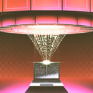 Stylized digital artwork illustrating the concept of knowledge distillation in artificial intelligence. A big futuristic machine representing a large teacher model beams streams of binary code downward into an open laptop below, symbolizing a smaller student model receiving knowledge.