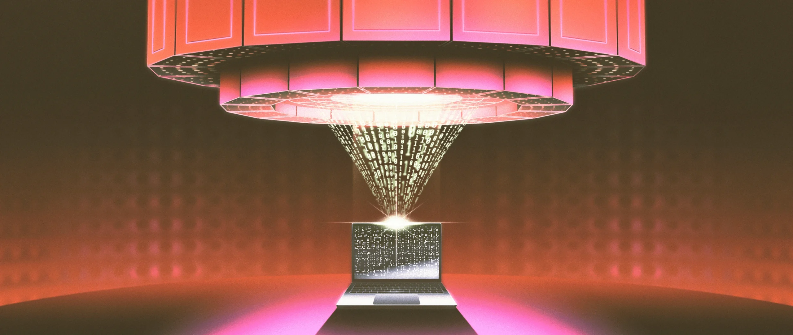 Stylized digital artwork illustrating the concept of knowledge distillation in artificial intelligence. A big futuristic machine representing a large teacher model beams streams of binary code downward into an open laptop below, symbolizing a smaller student model receiving knowledge.