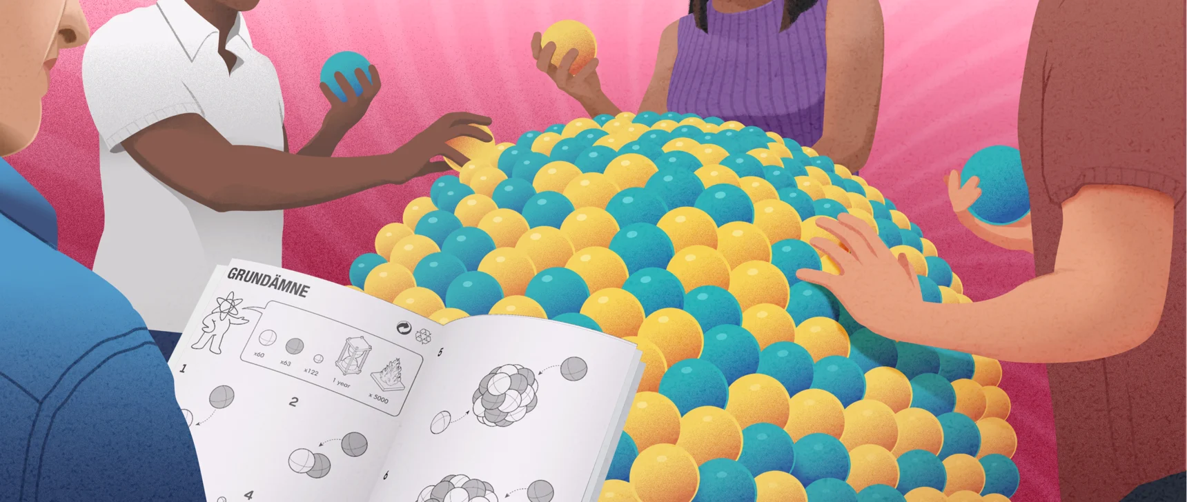 An illustration of people assembling a giant atomic nucleus out of blue and yellow balls by following the steps of an Ikea-style instruction manual.