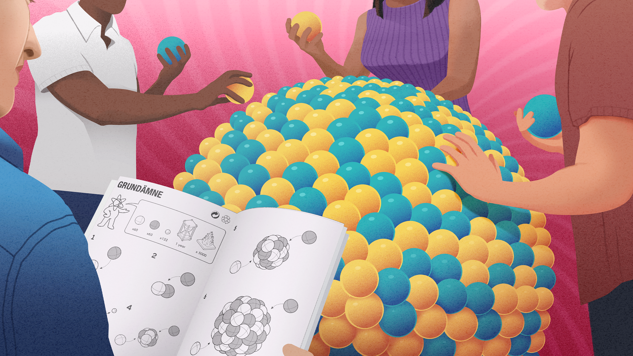 An illustration of people assembling a giant atomic nucleus out of blue and yellow balls by following the steps of an Ikea-style instruction manual.