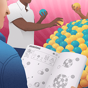 An illustration of people assembling a giant atomic nucleus out of blue and yellow balls by following the steps of an Ikea-style instruction manual.