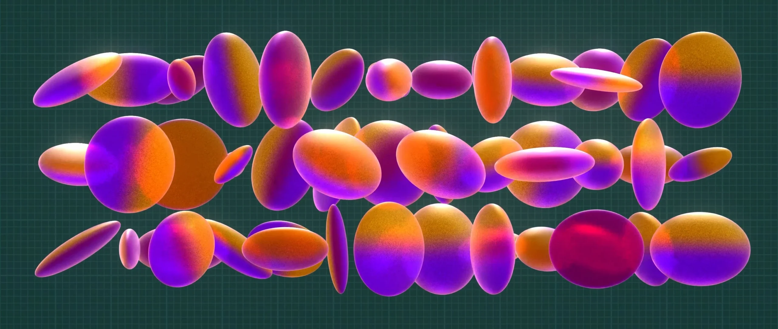 An array of ellipsoids transforming into spheres.