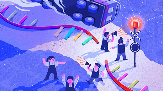 An illustration shows a strand of RNA broken on the ground, as if it is a train track. Alarmed human figures gather around with bullhorns and sirens to draw attention to the broken RNA strand.