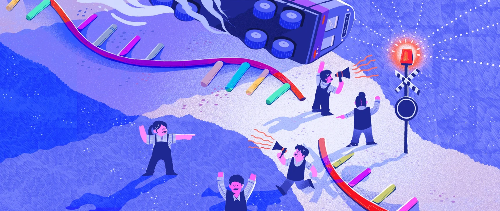 An illustration shows a strand of RNA broken on the ground, as if it is a train track. Alarmed human figures gather around with bullhorns and sirens to draw attention to the broken RNA strand.
