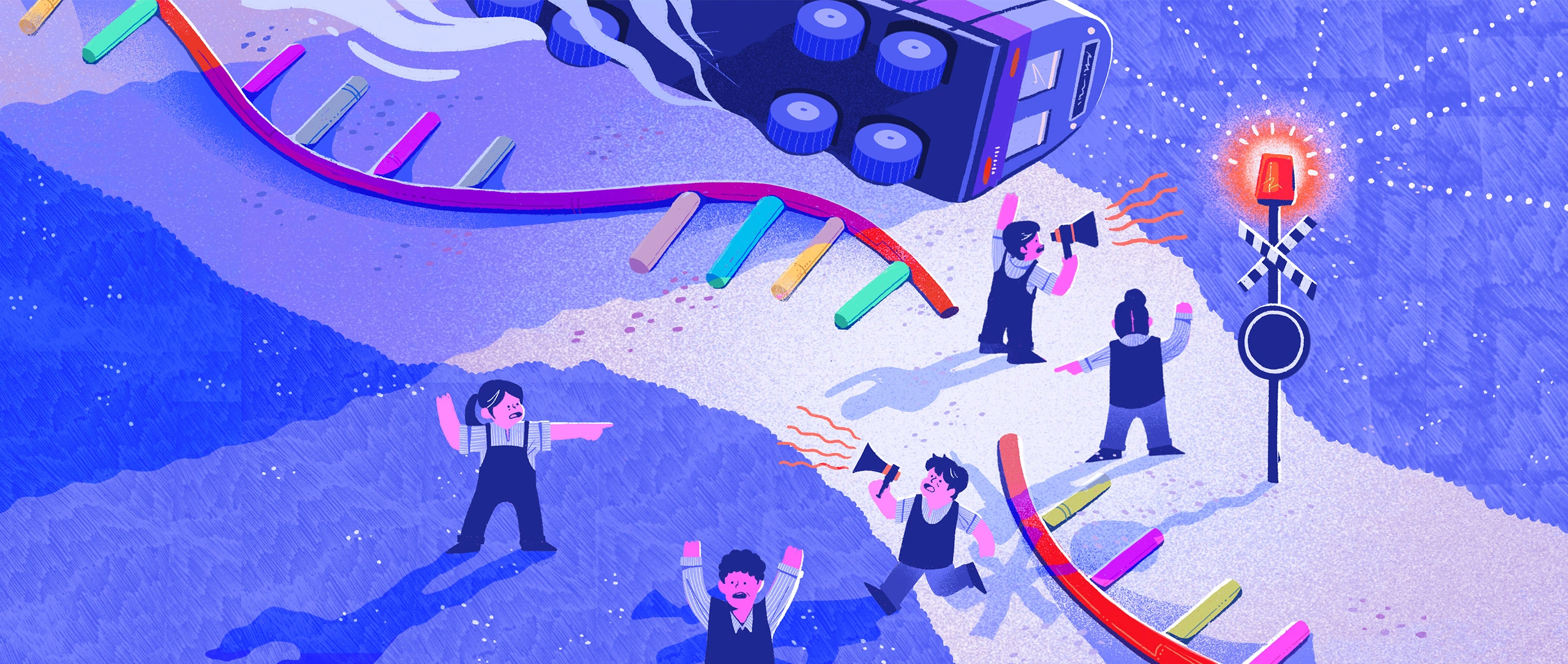 An illustration shows a strand of RNA broken on the ground, as if it is a train track. Alarmed human figures gather around with bullhorns and sirens to draw attention to the broken RNA strand.