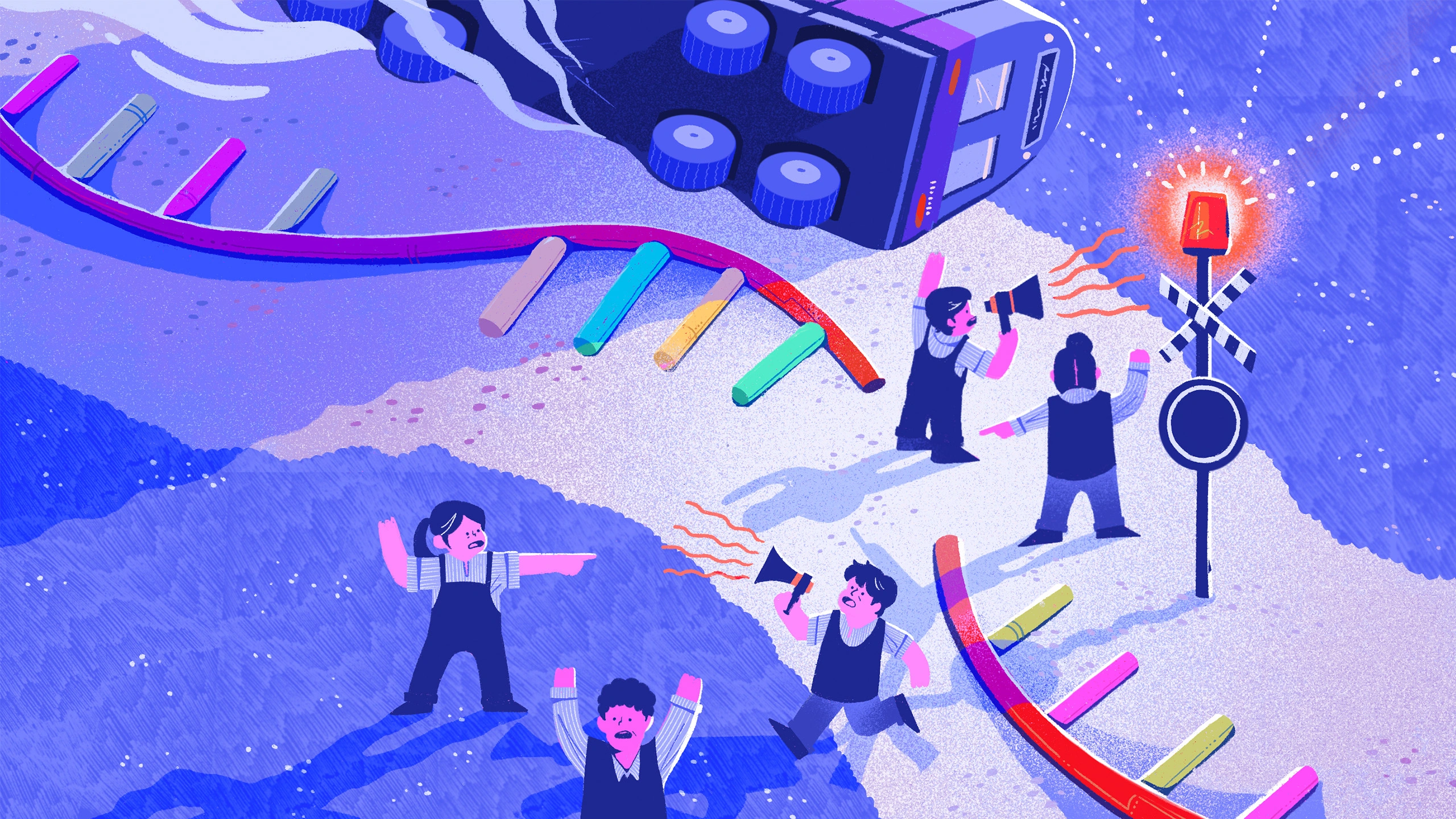 An illustration shows a strand of RNA broken on the ground, as if it is a train track. Alarmed human figures gather around with bullhorns and sirens to draw attention to the broken RNA strand.