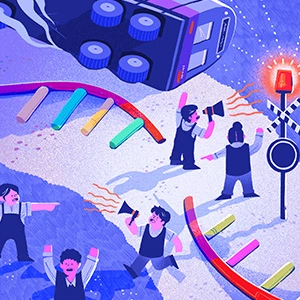 An illustration shows a strand of RNA broken on the ground, as if it is a train track. Alarmed human figures gather around with bullhorns and sirens to draw attention to the broken RNA strand.