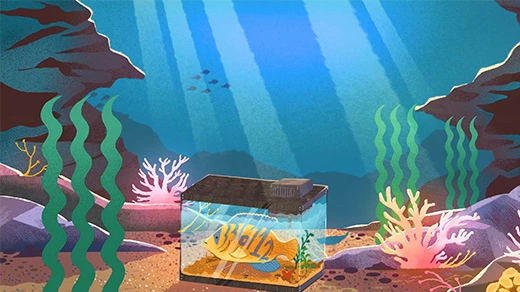 A fish with numbers on the side floating in a fishtank in the ocean. Other fish swim by.