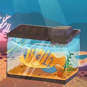 A fish with numbers on the side floating in a fishtank in the ocean. Other fish swim by.