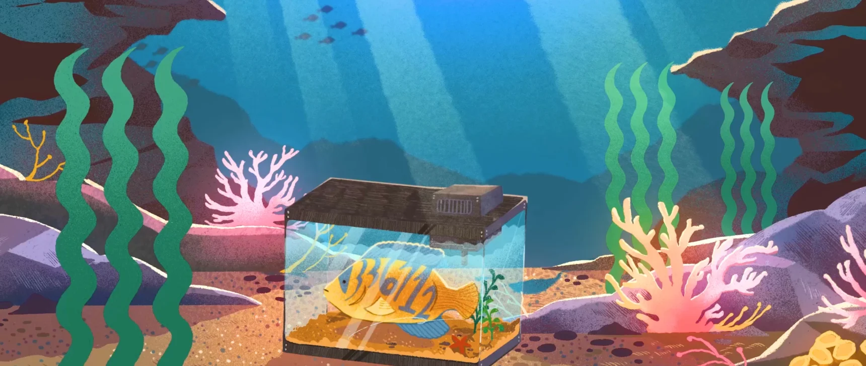 A fish with numbers on it in a fish tank in the sea surrounded by fish