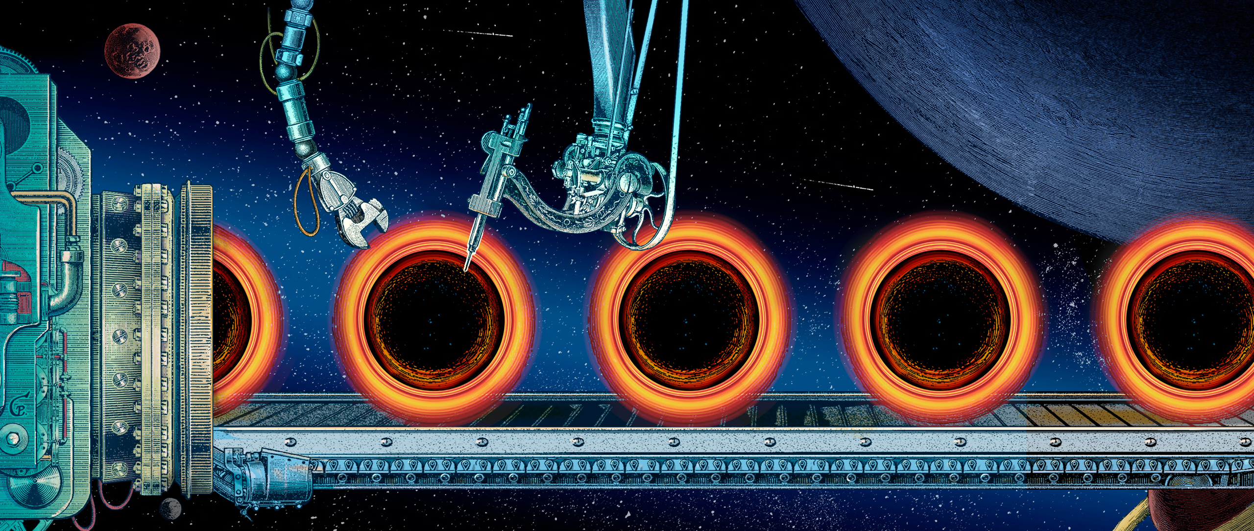 An illustration of identical black holes moving along a conveyer belt in a factory.