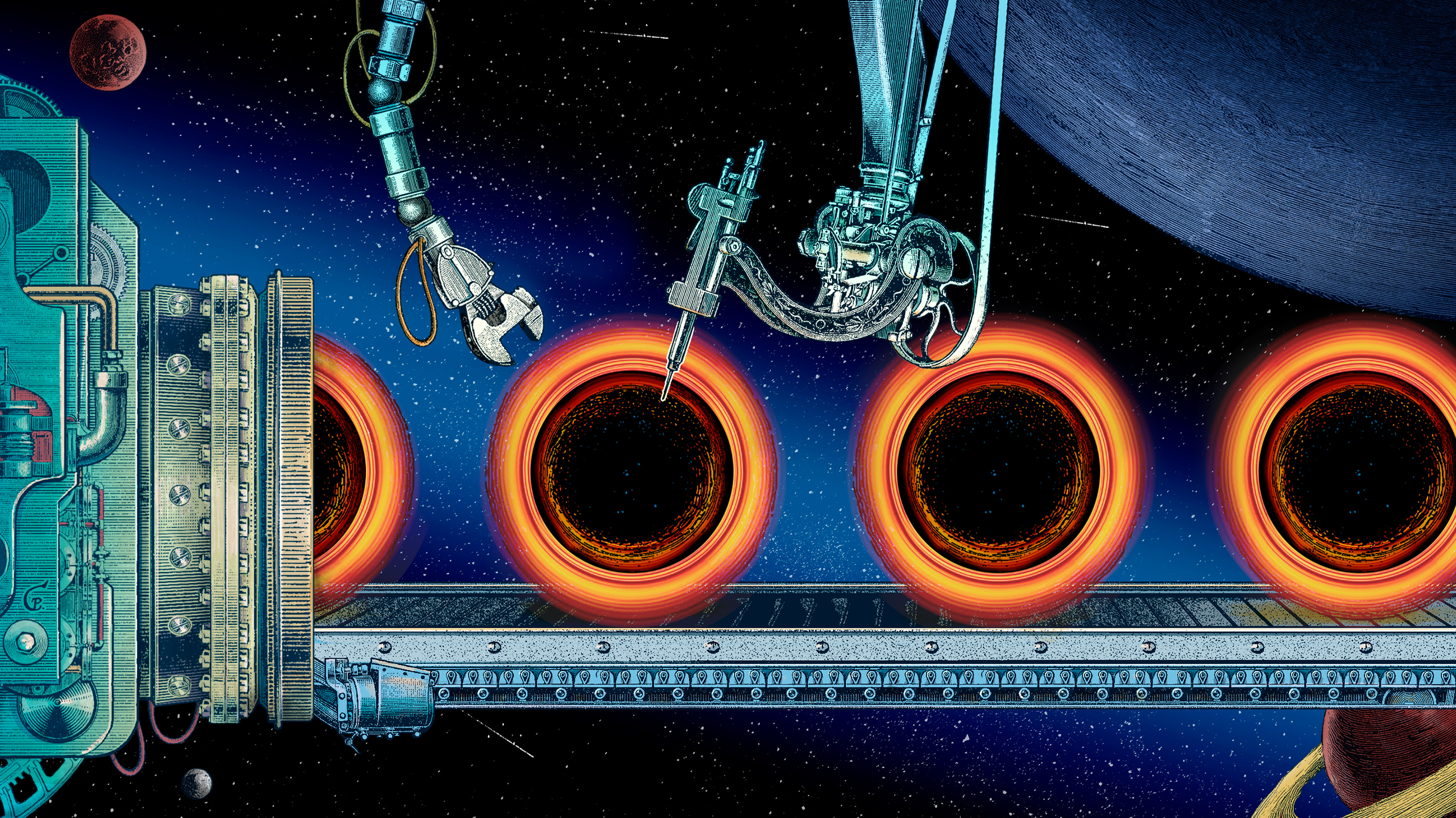 An illustration of identical black holes moving along a conveyer belt in a factory.