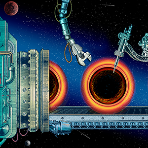 An illustration of identical black holes moving along a conveyer belt in a factory.