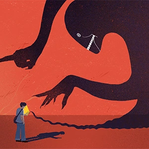A mechanical shadow monster emerging from a smartphone