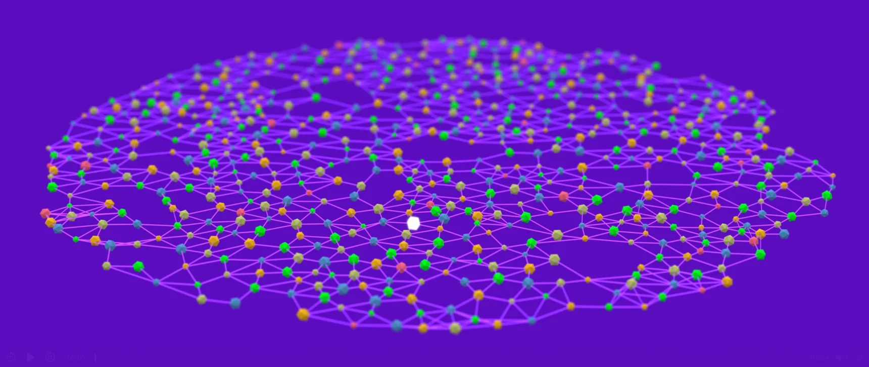 A still from a video of nodes being connected by a white line