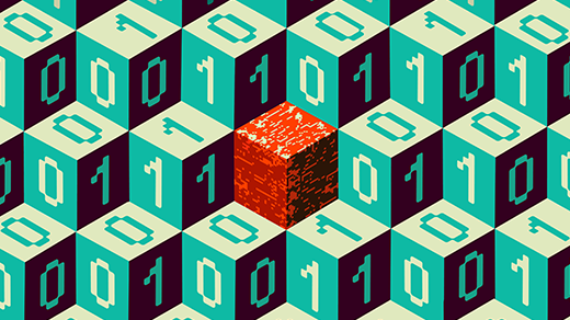 Many boxes with 1s and 0s, with a singular red glitchy box