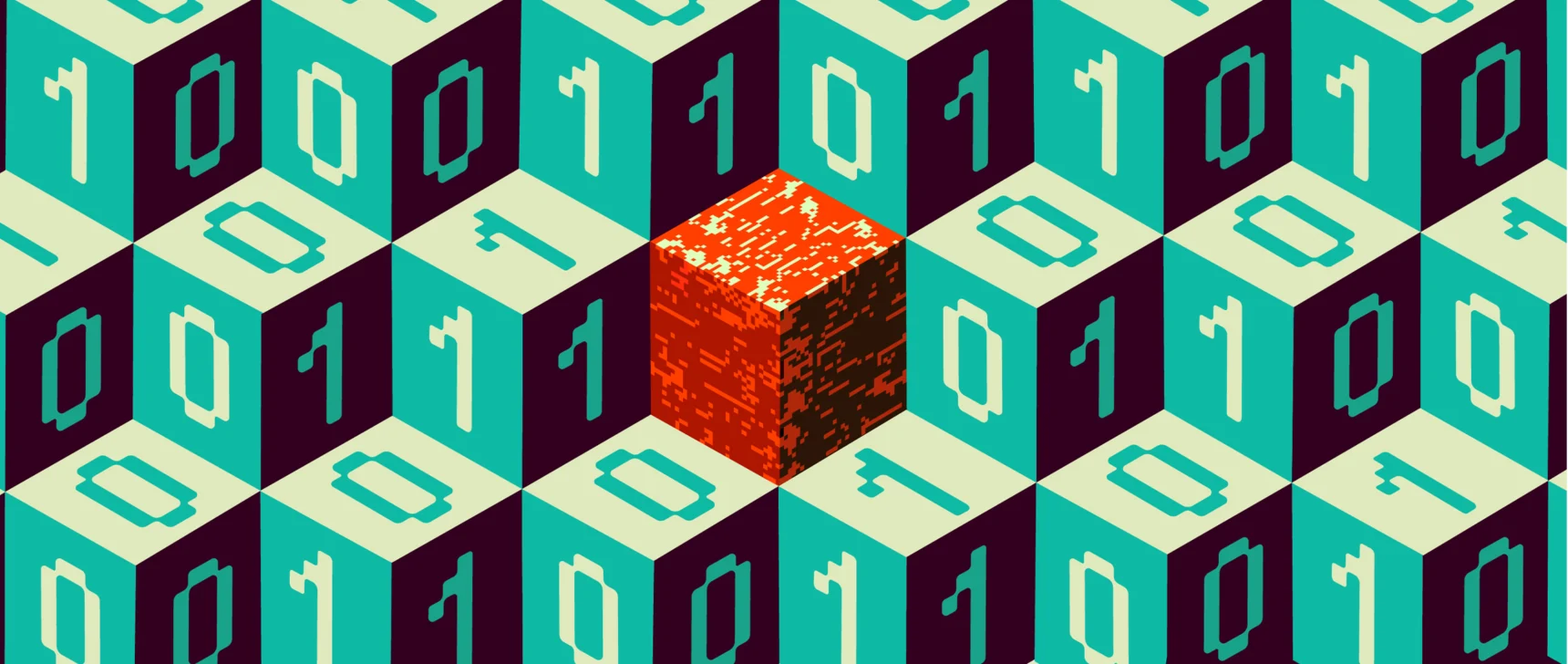 Many boxes with 1s and 0s, with a singular red glitchy box