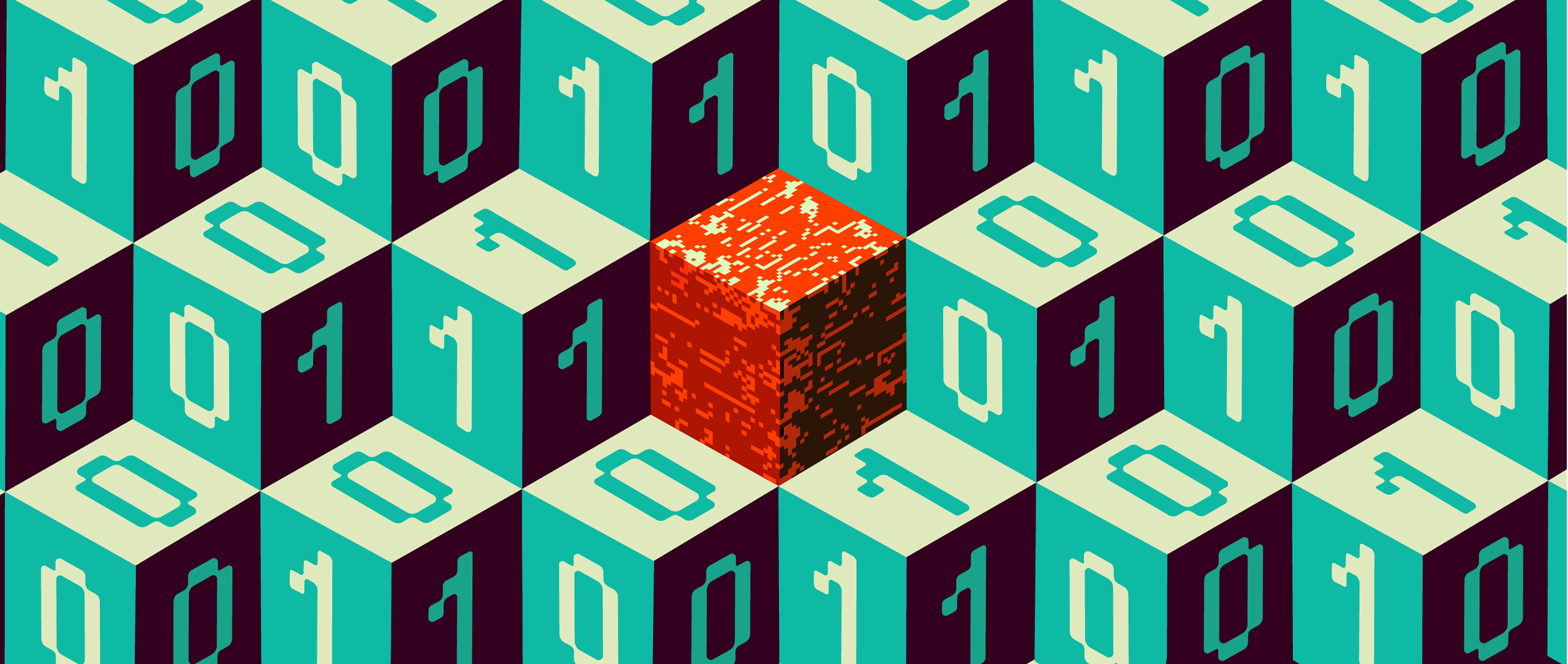 Many boxes with 1s and 0s, with a singular red glitchy box