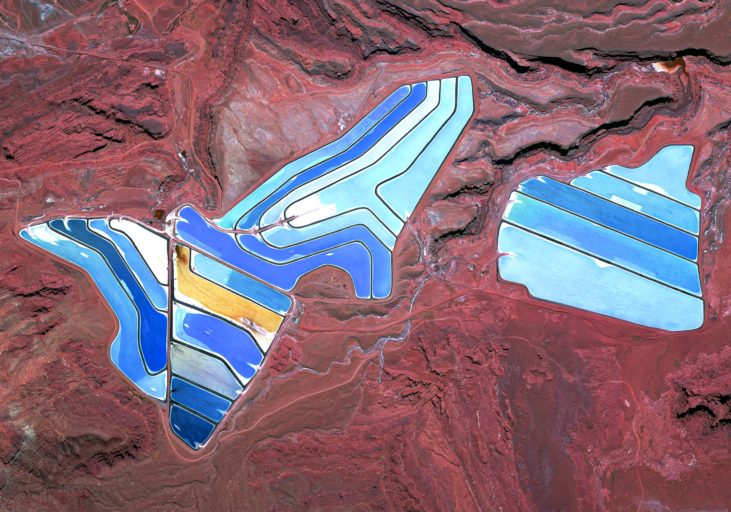 An overhead image of a series of bright blue pools, like a watercolor palette, set in a red desert.