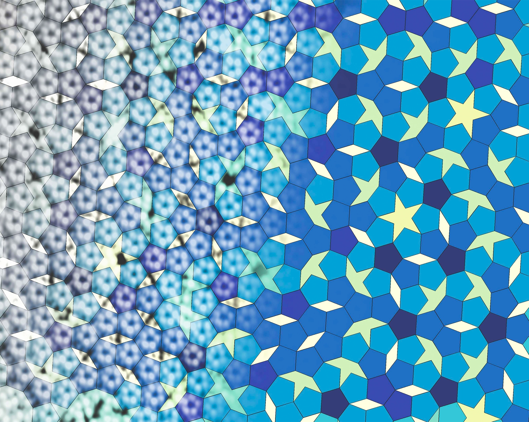 An image of pentagonal arrangements of white dots, each one a molecule, is overlaid by an illustration of geometric shapes arranged in a quasiperiodic pattern.