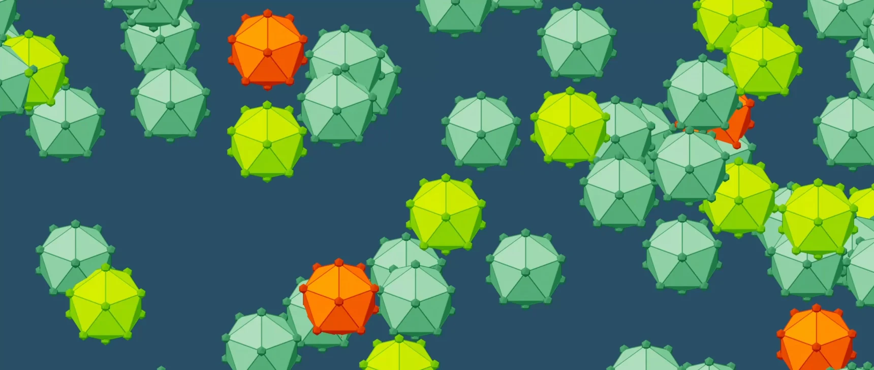 A looping animation of red, white and blue objects assembling into pentagons in a quasiperiodic arrangement.