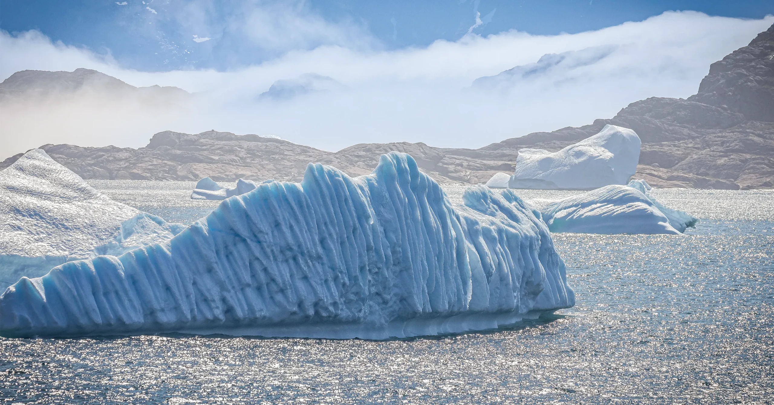 Icebergs off the southern Greenland shore.