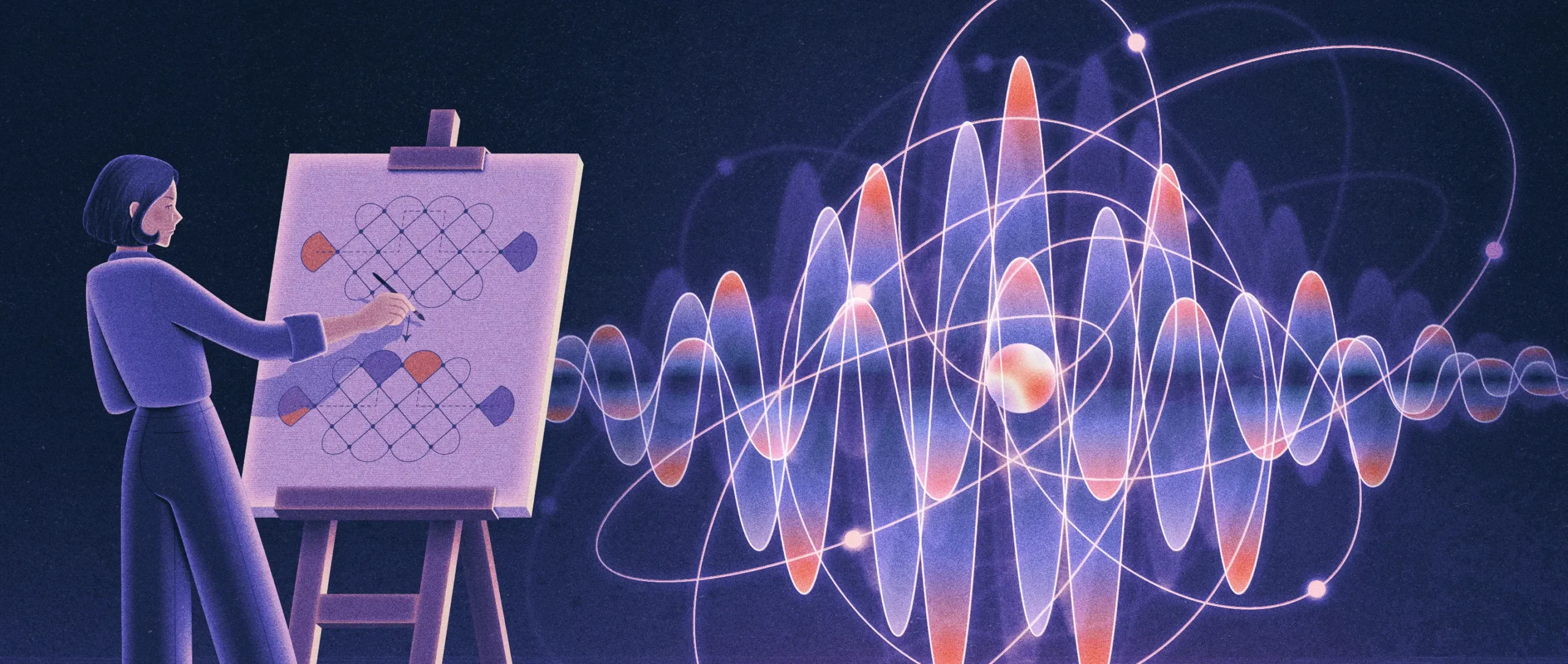 An illustration of an artist painting a blocky picture of a chaotic scene filled with overlapping waves.