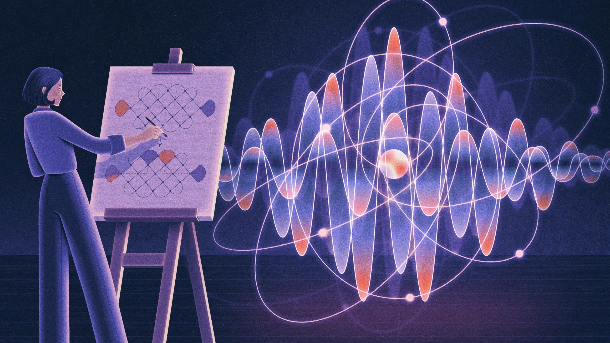 An illustration of an artist painting a blocky picture of a chaotic scene filled with overlapping waves.