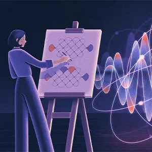 An illustration of an artist painting a blocky picture of a chaotic scene filled with overlapping waves.