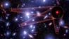 A field of large white galaxies hides three tiny red dots.