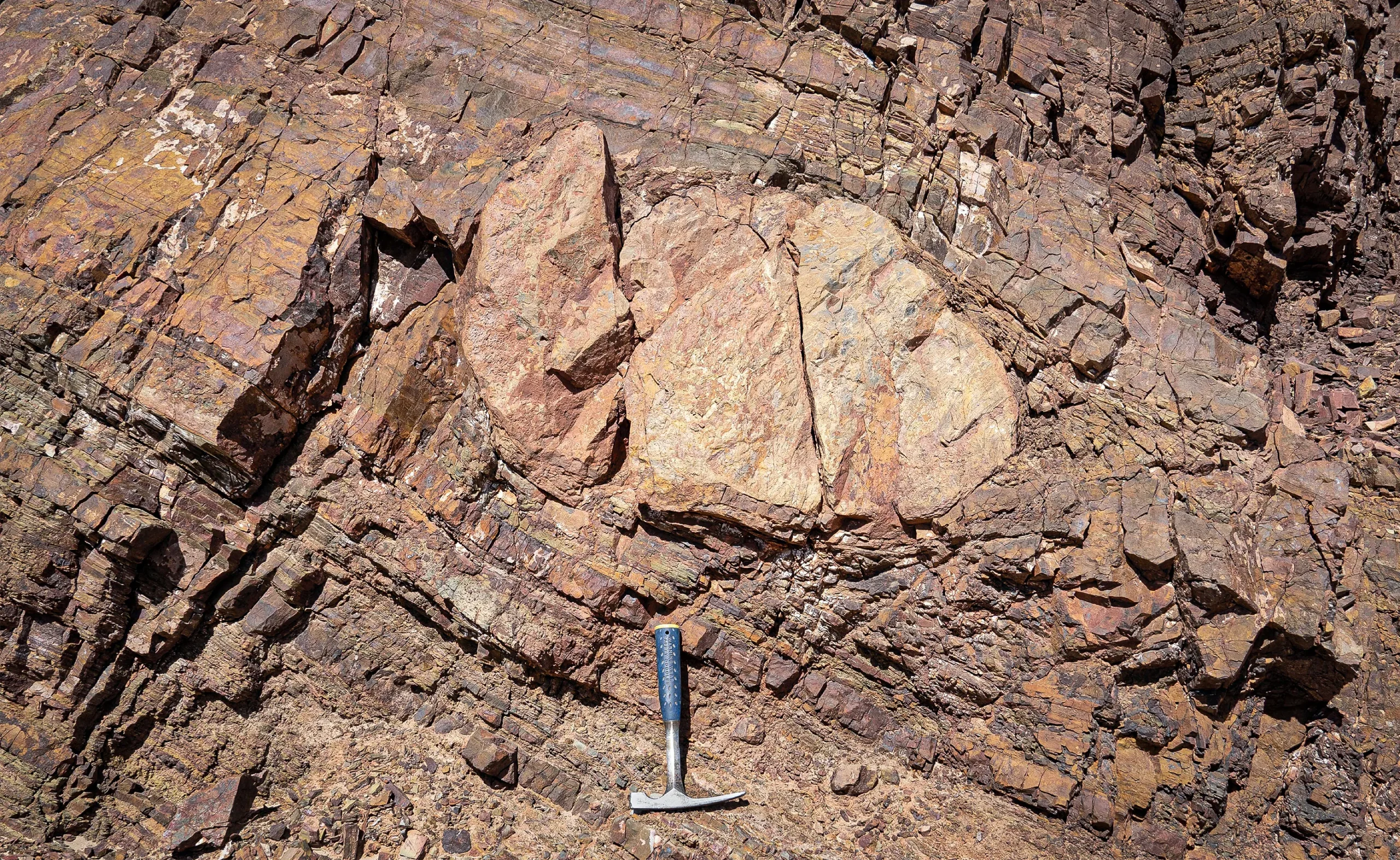 Orange rock folded around a larger stone.