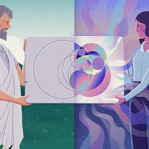 A greek man holding a tablet in the past, connected to a woman in the present holding a new version of the same tablet