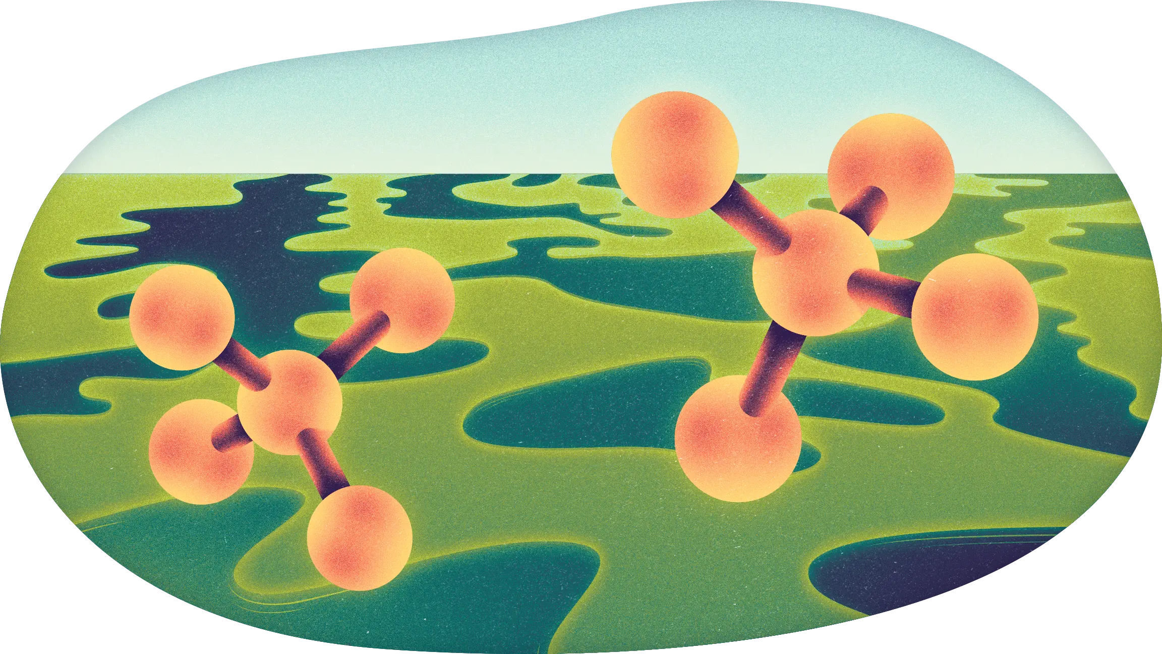 Molecules in fron tof a green landscape