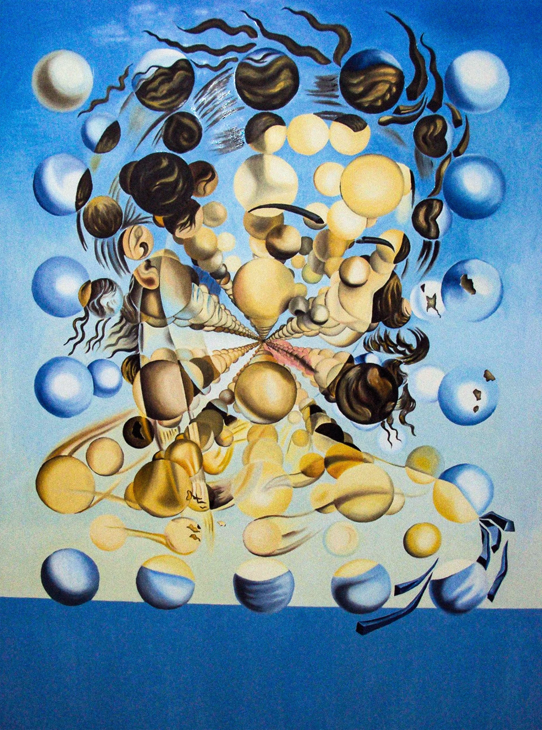 The face of a woman is dissociated into dreamy blue, brown and cream spheres in a painting by Dalí
