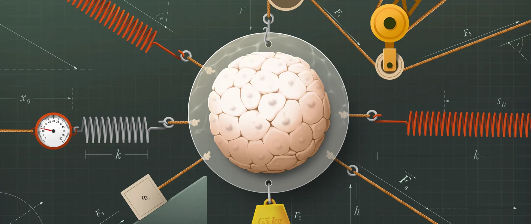 A blastocyst (a new embryo) has springs, weights and pulleys attached to it and is labeled with various physics equations.