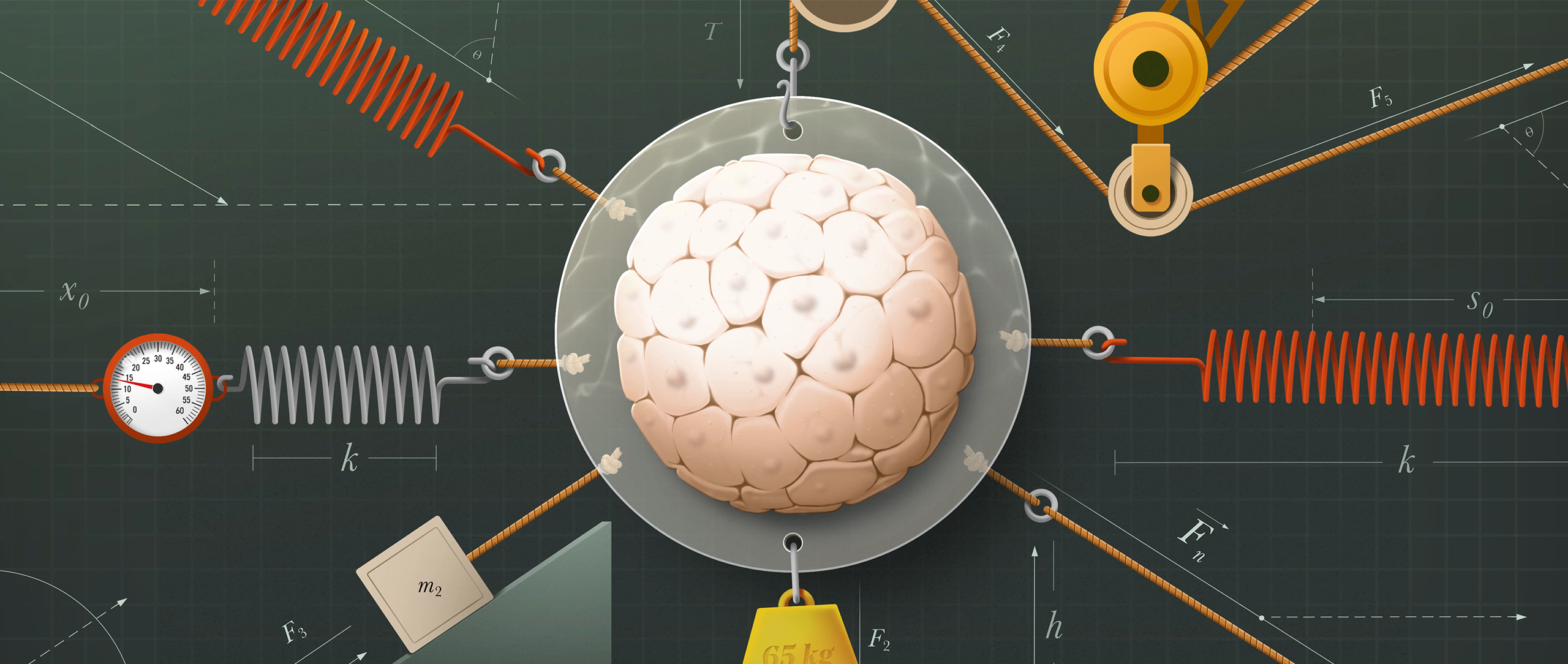 A blastocyst (a new embryo) has springs, weights and pulleys attached to it and is labeled with various physics equations.