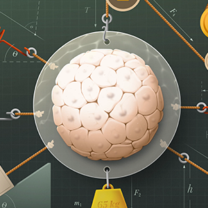 A blastocyst (a new embryo) has springs, weights and pulleys attached to it and is labeled with various physics equations.