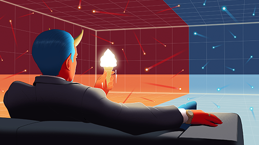 An illustration of a man with devil horns eating ice cream while looking at hot and cold gases in two compartments of a box.