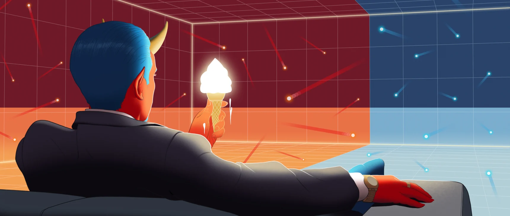 An illustration of a man with devil horns eating ice cream while looking at hot and cold gases in two compartments of a box.