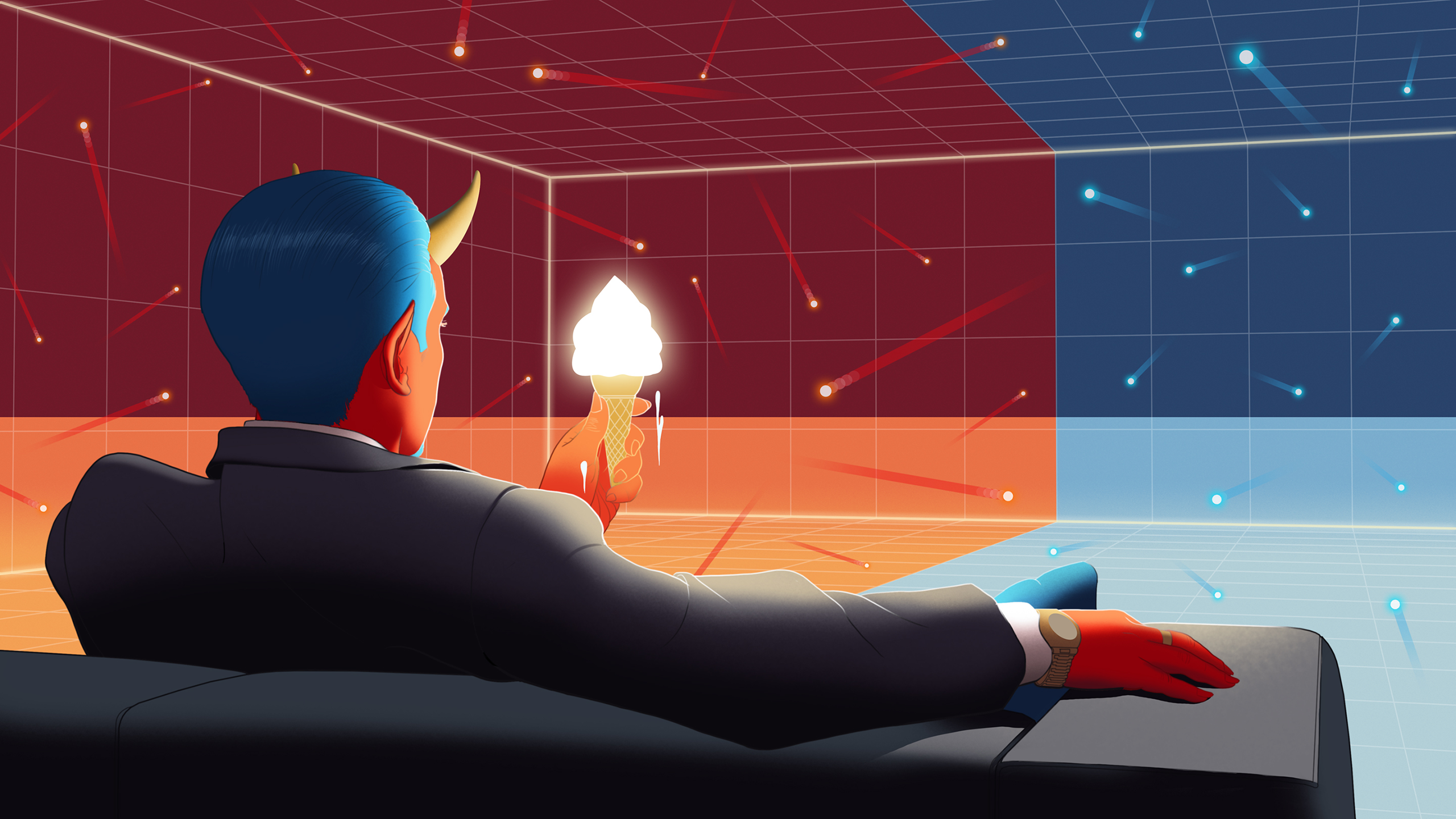 An illustration of a man with devil horns eating ice cream while looking at hot and cold gases in two compartments of a box.