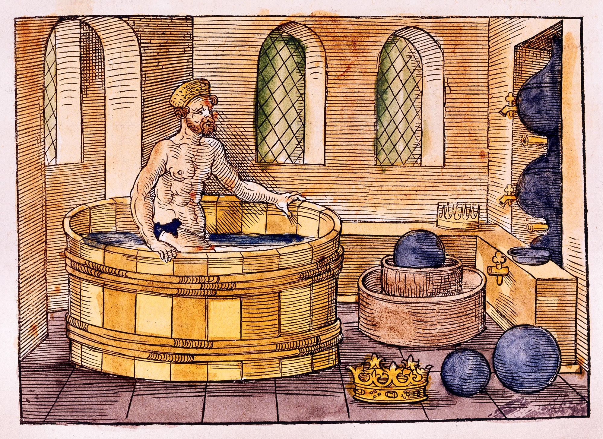 An illustration of Archimedes getting into a bath