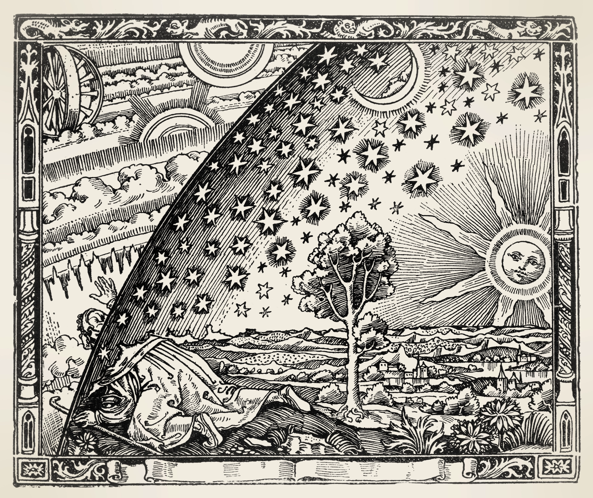 A woodcut engraving of a man pushing his head through a boundary between earth and sky.