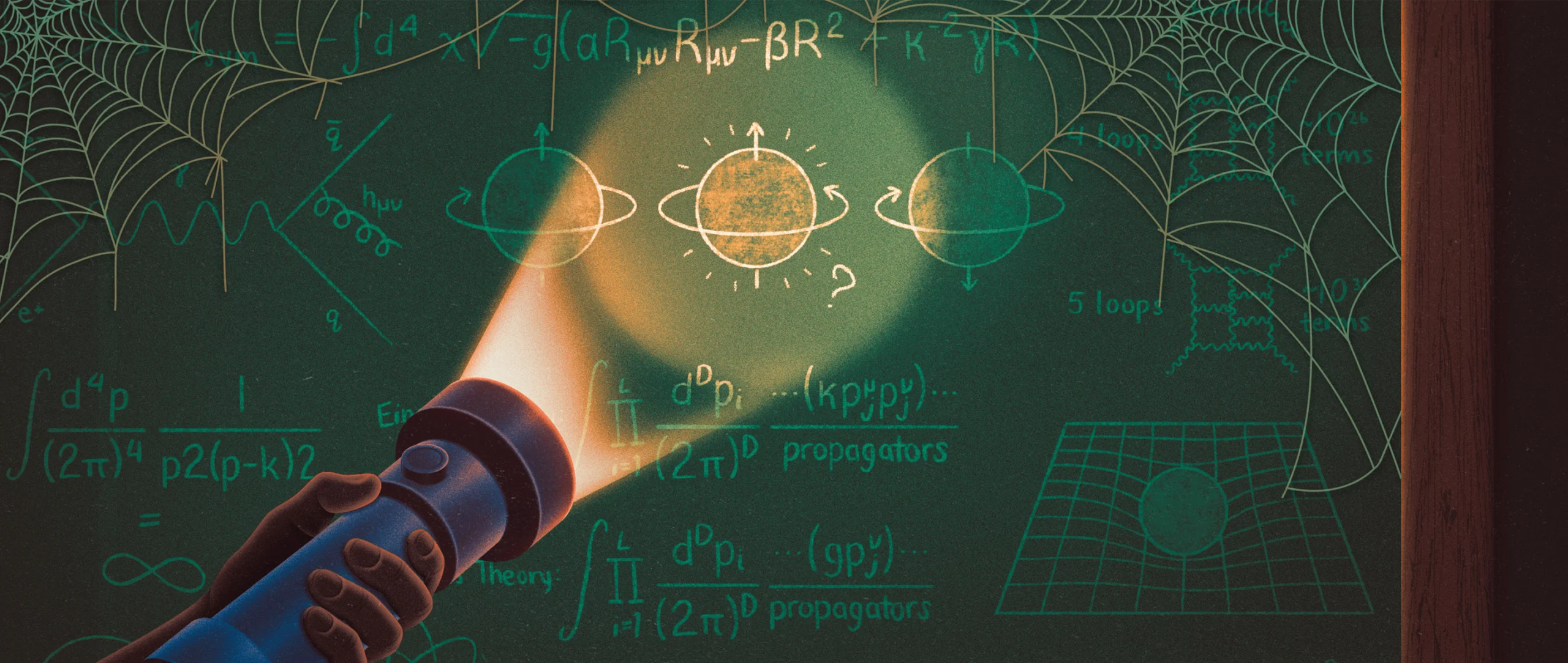 An illustration of a flashlight shining on a chalkboard covered in sketches and equations, including an illustration of a particle with a question mark next to it.